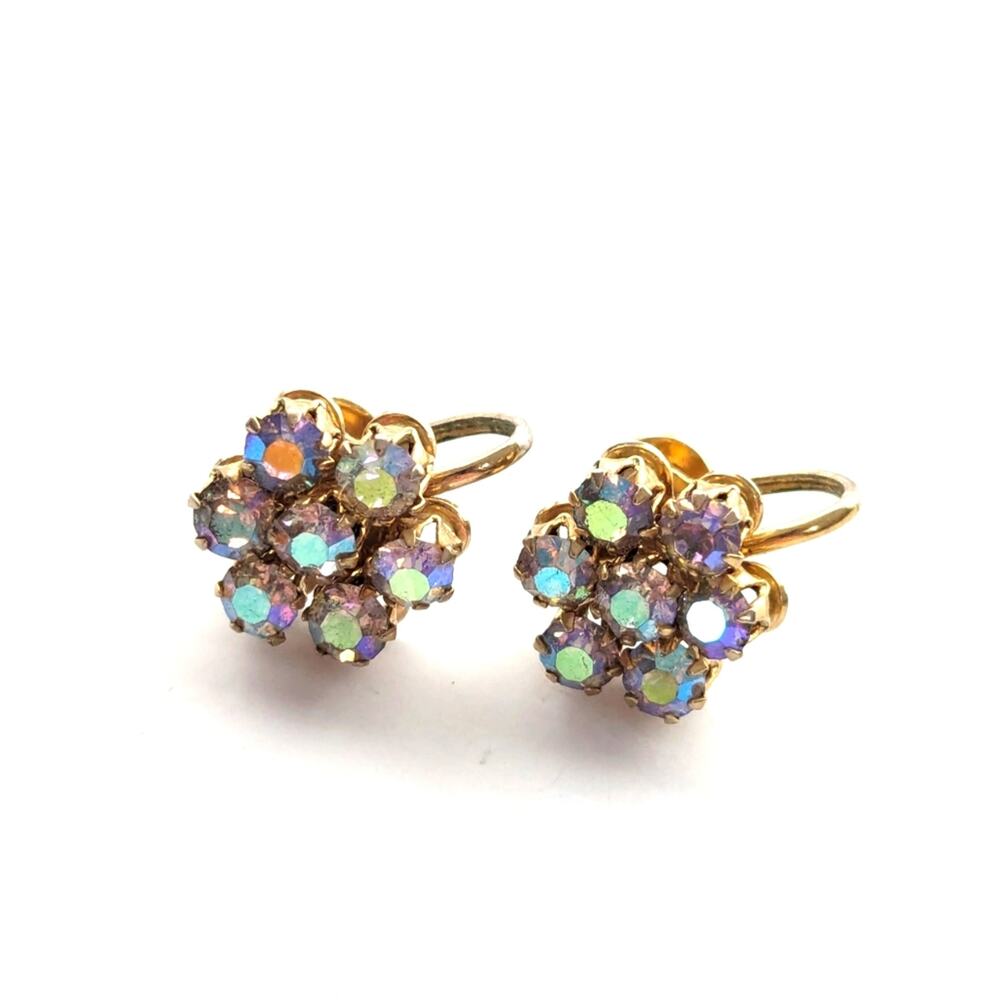 Vintage Coro AB Crystal Rhinestone Floral Cluster Delicate Screwback Earrings